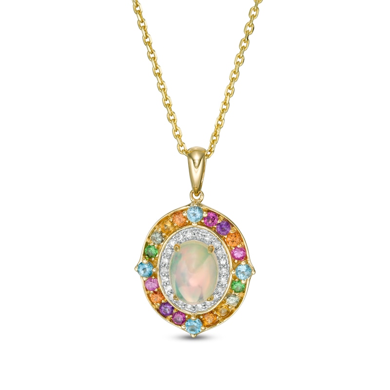 Main Image 1 of Oval Opal, Multi-Gemstone and 1/10 CT. T.W. Diamond Frame Pendant in Sterling Silver with 14K Gold Plate