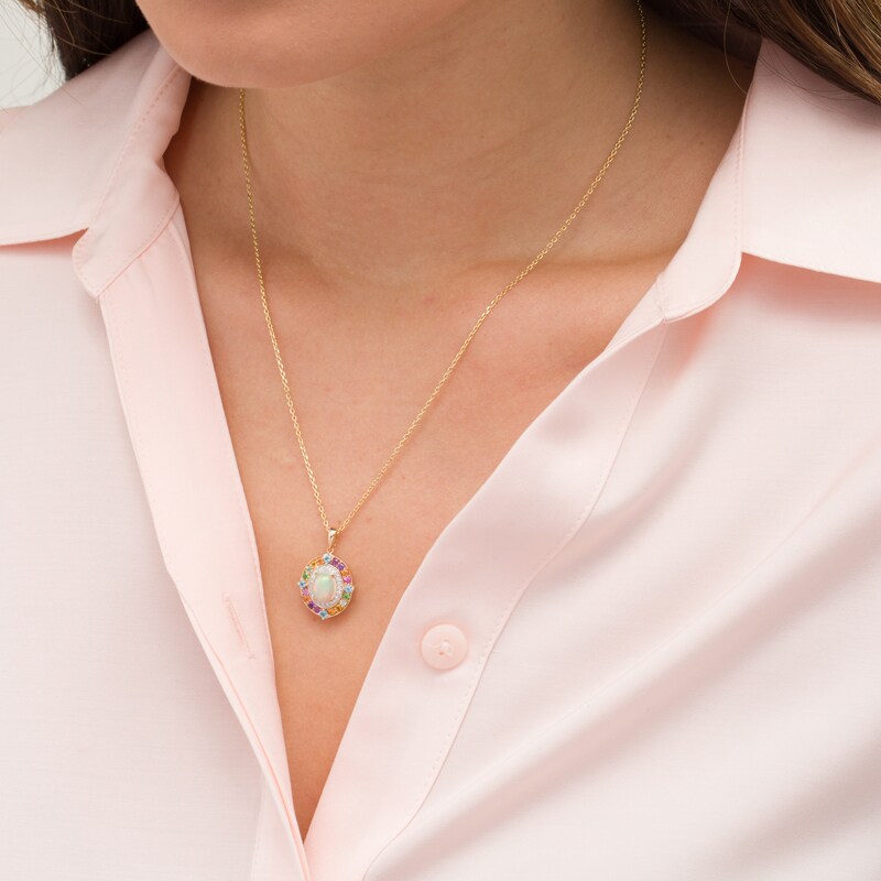 Main Image 2 of Oval Opal, Multi-Gemstone and 1/10 CT. T.W. Diamond Frame Pendant in Sterling Silver with 14K Gold Plate
