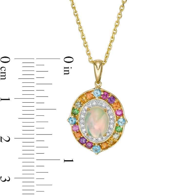Main Image 3 of Oval Opal, Multi-Gemstone and 1/10 CT. T.W. Diamond Frame Pendant in Sterling Silver with 14K Gold Plate