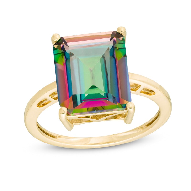 Main Image 1 of Emerald-Cut Mystic Fire® Topaz Solitaire Ring in 10K Gold