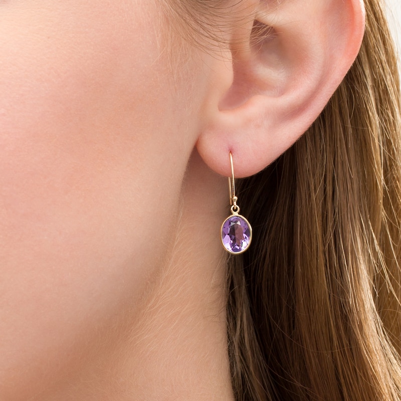 Main Image 2 of Bezel-Set Oval Amethyst Drop Earrings in 10K Gold