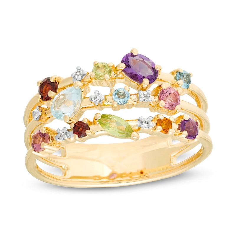 Main Image 1 of Multi-Gemstone and White Topaz Triple Row Orbit Ring in Sterling Silver with 14K Gold Plate