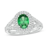 Oval Lab-Created Emerald and White Sapphire Double Frame Split Shank Ring in Sterling Silver