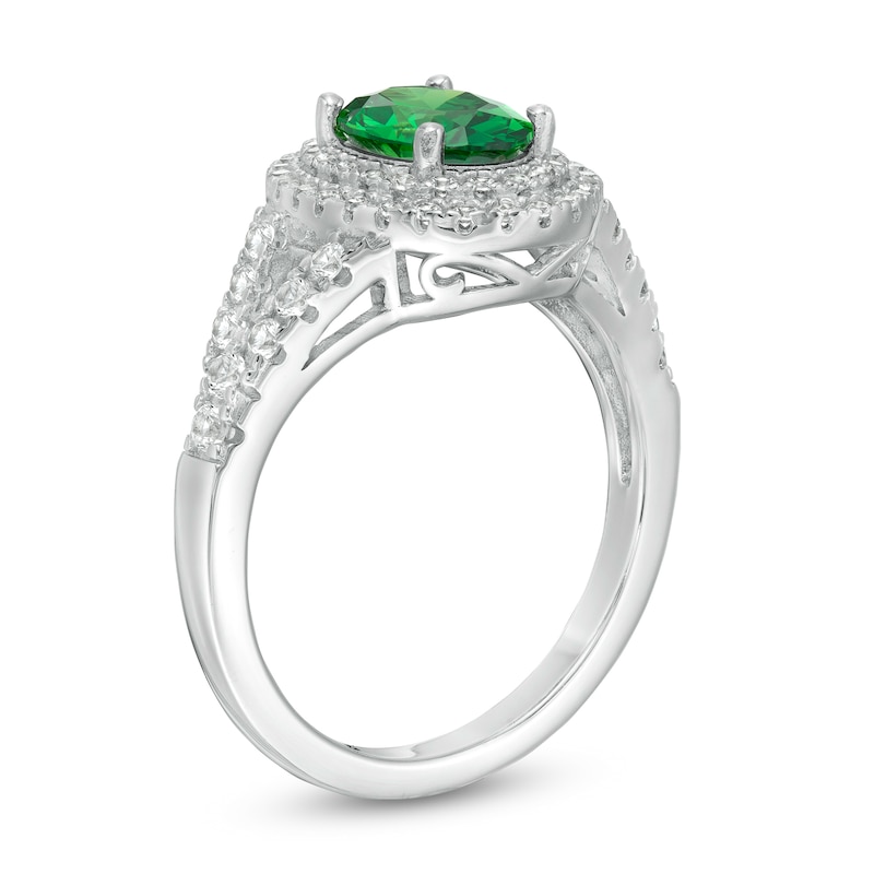 Oval Lab-Created Emerald and White Sapphire Double Frame Split Shank Ring in Sterling Silver