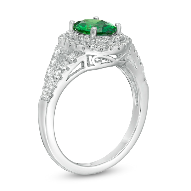 Main Image 2 of Oval Lab-Created Emerald and White Sapphire Double Frame Split Shank Ring in Sterling Silver