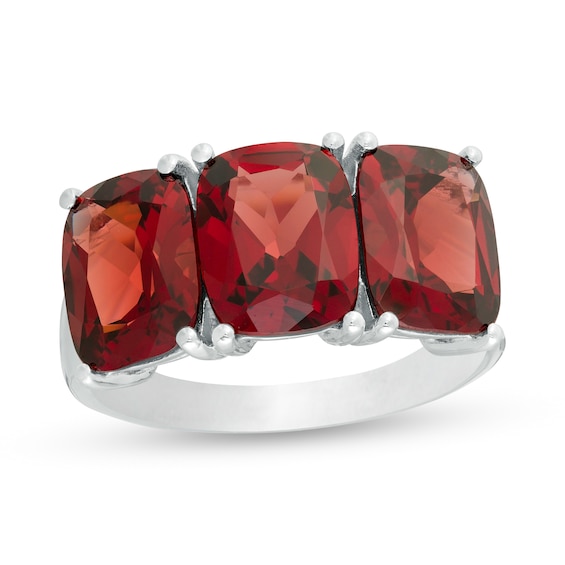 Cushion-Cut Garnet Three Stone Ring in Sterling Silver