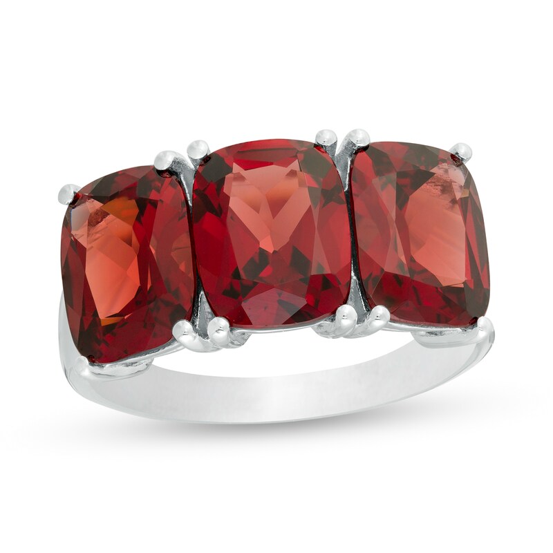 Main Image 1 of Cushion-Cut Garnet Three Stone Ring in Sterling Silver