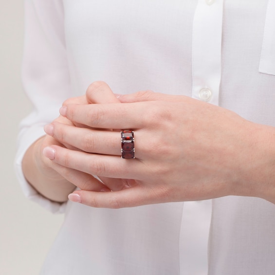 Cushion-Cut Garnet Three Stone Ring in Sterling Silver