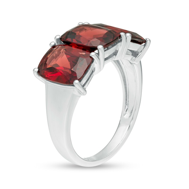 Main Image 3 of Cushion-Cut Garnet Three Stone Ring in Sterling Silver