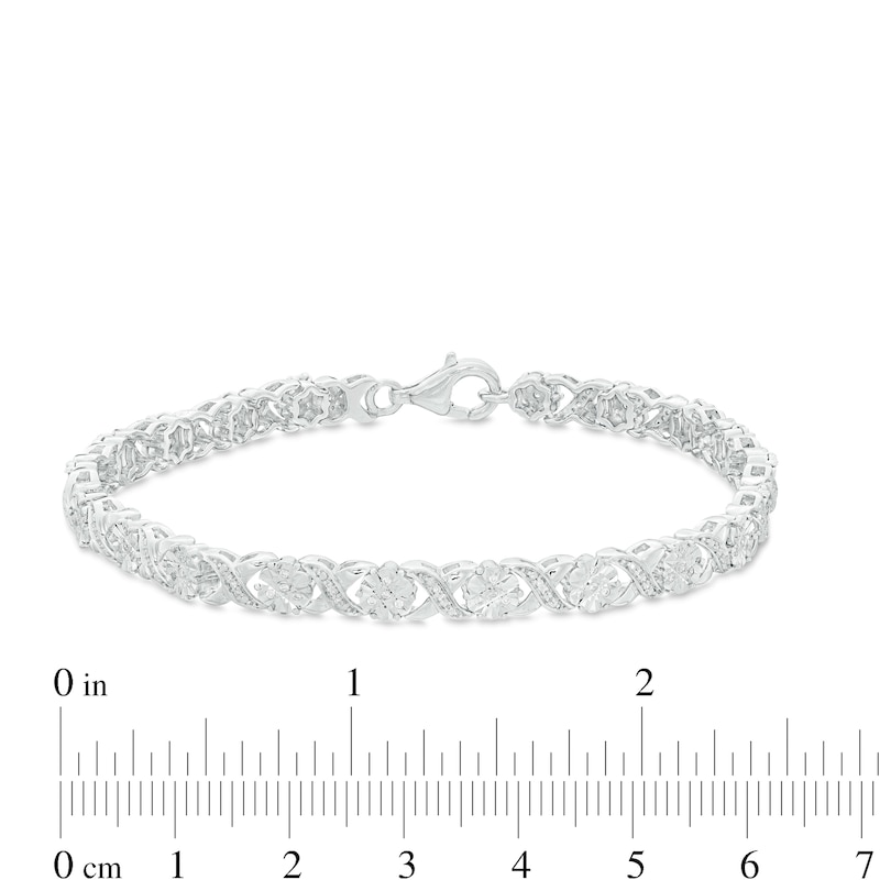 Main Image 3 of 1/4 CT. T.W. Diamond Floral "XO" Link Bracelet in Sterling Silver - 7.25"