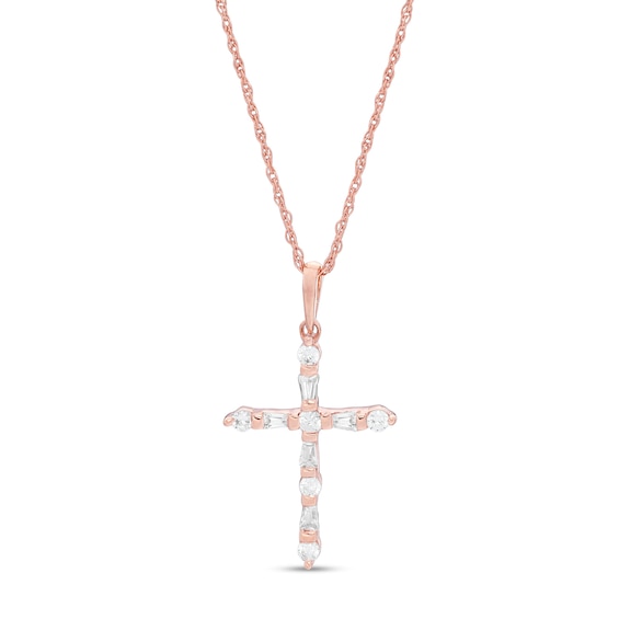 1/5 CT. T.W. Baguette and Round Diamond Cross Pendant in 10K Rose Gold 1/5 CT. T.W. Baguette and Round Diamond Cross Pendant in 10K Rose Gold