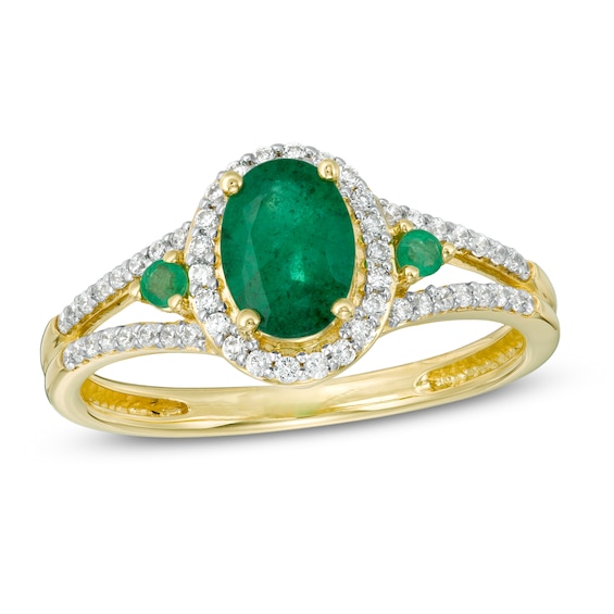 Oval Emerald and 1/5 CT. T.w. Diamond Frame Split Shank Ring in 10K Gold