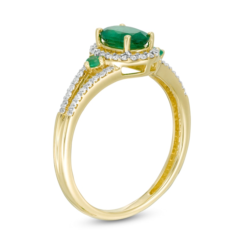 Main Image 3 of Oval Emerald and 1/5 CT. T.W. Diamond Frame Split Shank Ring in 10K Gold