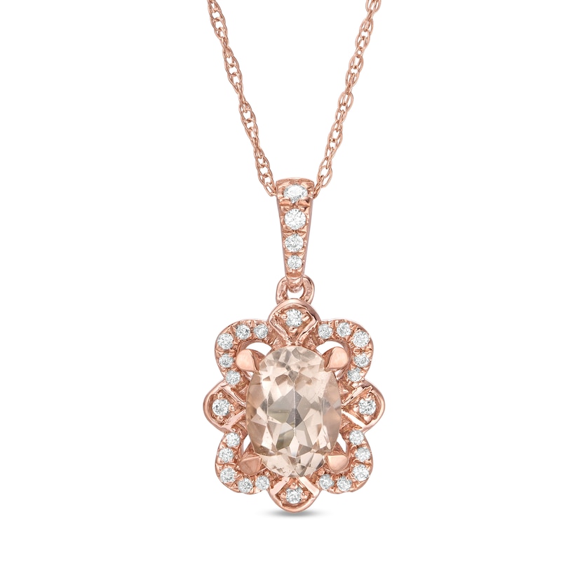 Main Image 1 of Oval Morganite and 1/10 CT. T.W. Diamond Butterfly Frame Pendant in 10K Rose Gold