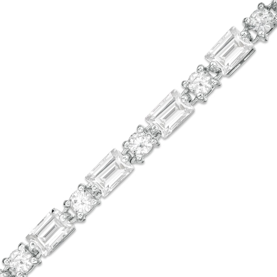 Alternating Emerald-Cut and Round Lab-Created White Sapphire Bracelet in Sterling Silver - 7.25"