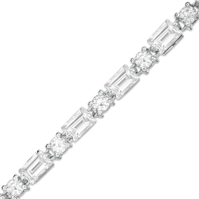 Main Image 1 of Alternating Emerald-Cut and Round Lab-Created White Sapphire Bracelet in Sterling Silver - 7.25"