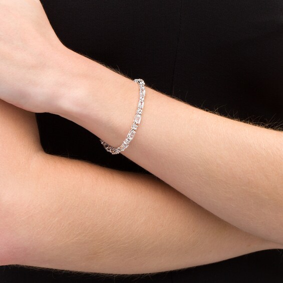 Alternating Emerald-Cut and Round Lab-Created White Sapphire Bracelet in Sterling Silver - 7.25"