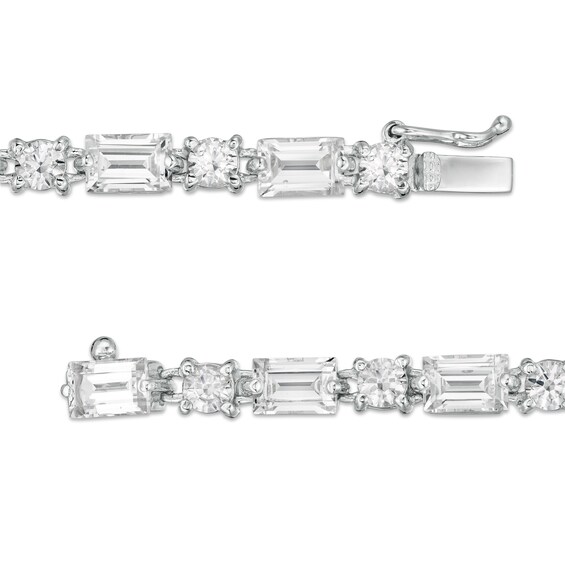 Alternating Emerald-Cut and Round Lab-Created White Sapphire Bracelet in Sterling Silver - 7.25"
