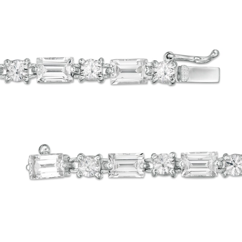 Main Image 3 of Alternating Emerald-Cut and Round Lab-Created White Sapphire Bracelet in Sterling Silver - 7.25"