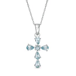 Pear-Shaped and Round Aquamarine Cross Pendant in Sterling Silver