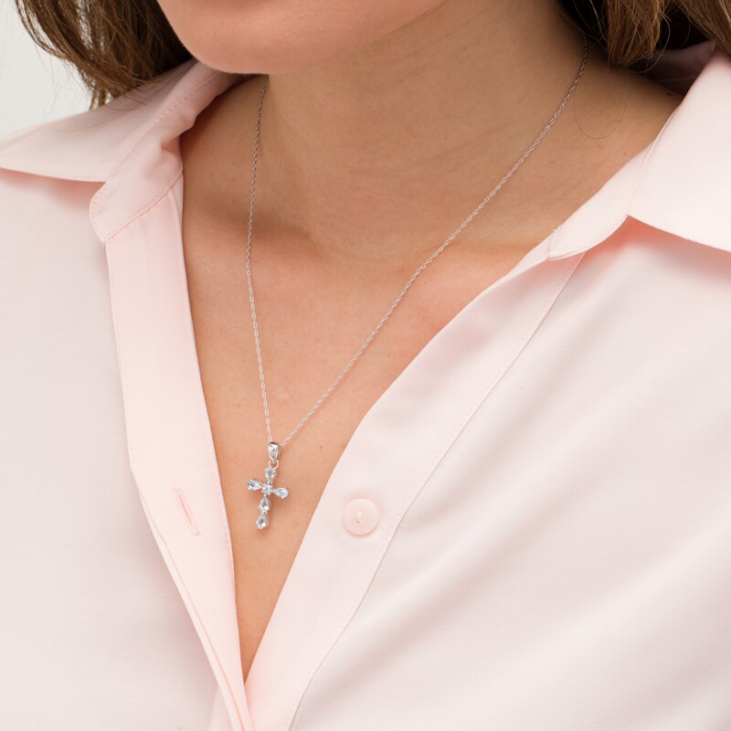 Main Image 2 of Pear-Shaped and Round Aquamarine Cross Pendant in Sterling Silver