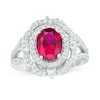Thumbnail Image 1 of Oval Ruby and Lab-Created White Sapphire Ornate Scallop Frame Split Shank Ring in Sterling Silver