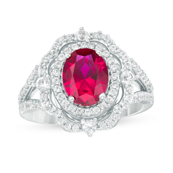 Oval Ruby and Lab-Created White Sapphire Ornate Scallop Frame Split Shank Ring in Sterling Silver