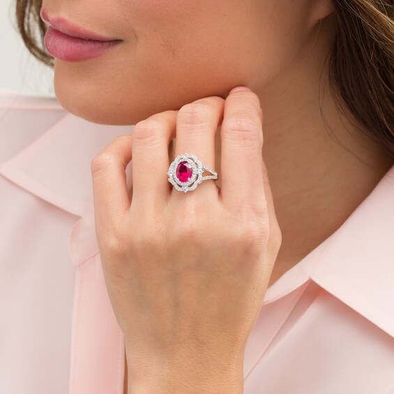Oval Ruby and Lab-Created White Sapphire Ornate Scallop Frame Split Shank Ring in Sterling Silver