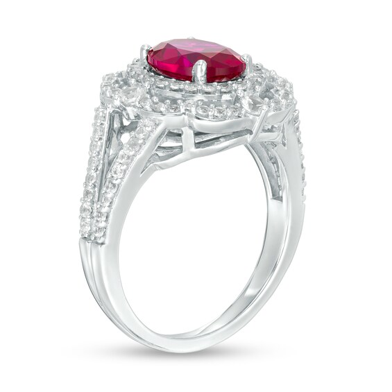 Oval Ruby and Lab-Created White Sapphire Ornate Scallop Frame Split Shank Ring in Sterling Silver