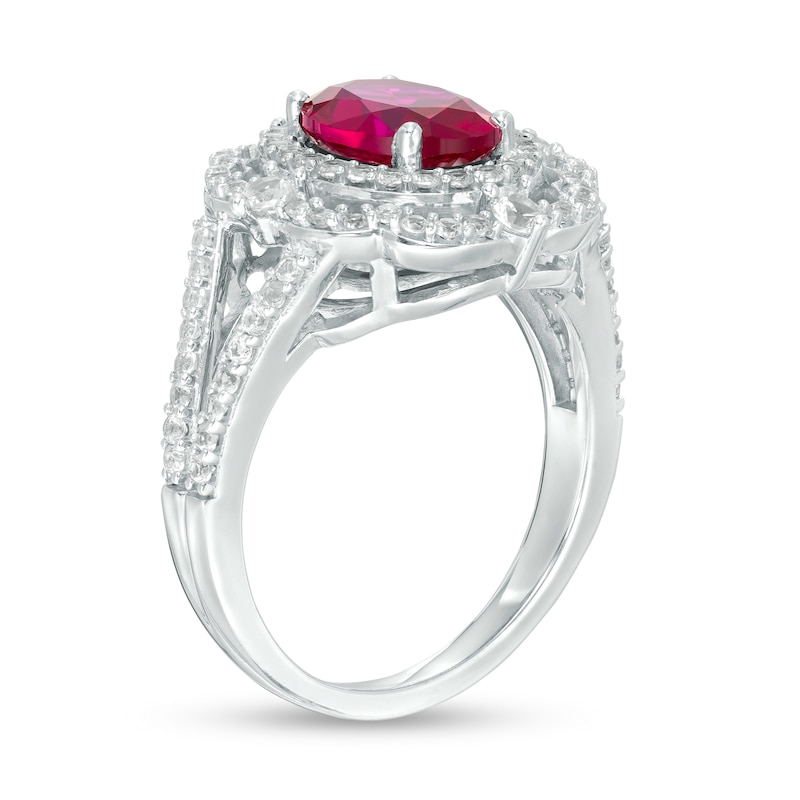 Main Image 3 of Oval Ruby and Lab-Created White Sapphire Ornate Scallop Frame Split Shank Ring in Sterling Silver
