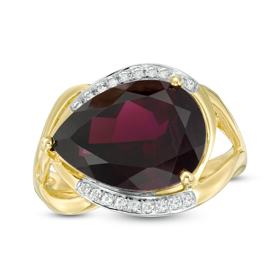 Sideways Pear-Shaped Garnet and White Topaz Split Shank Ring in 10K Gold