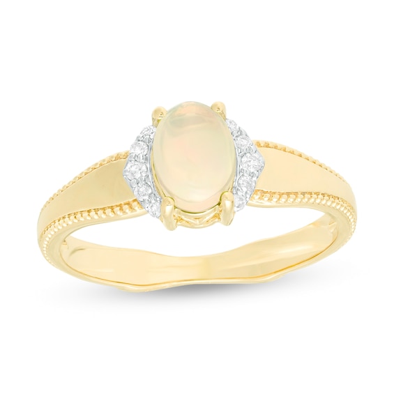 Oval Opal and 1/20 CT. T.w. Diamond Collar Frame Vintage-Style Ring in 10K Gold