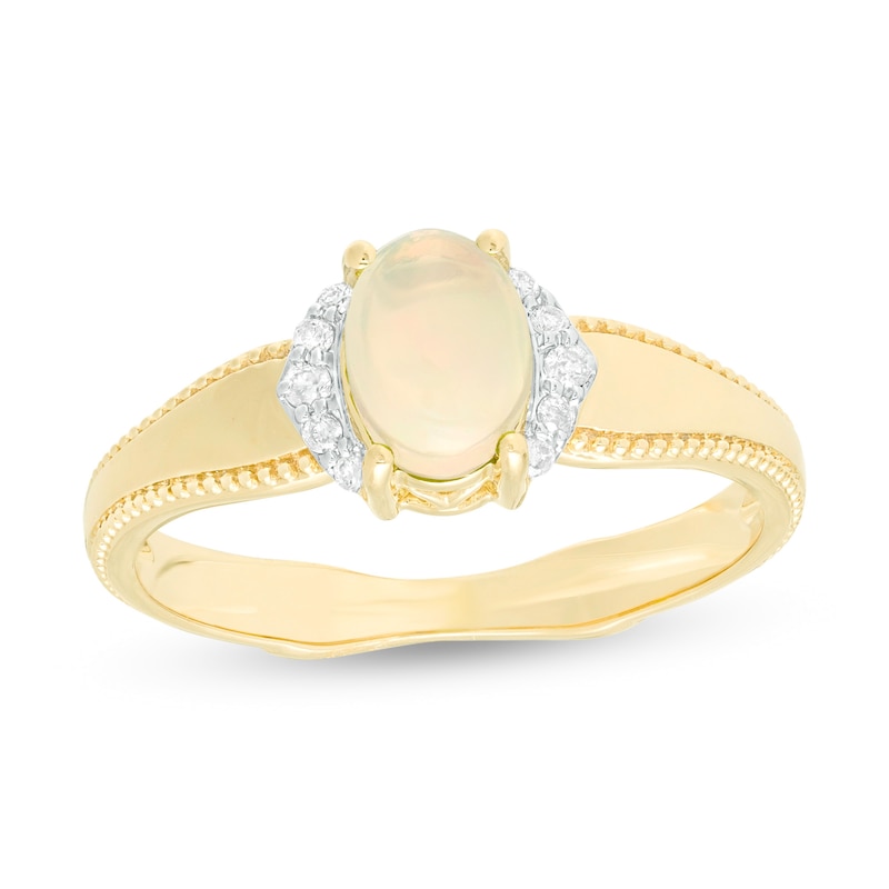 Oval Opal and 1/20 CT. T.W. Diamond Collar Frame Vintage-Style Ring in 10K Gold
