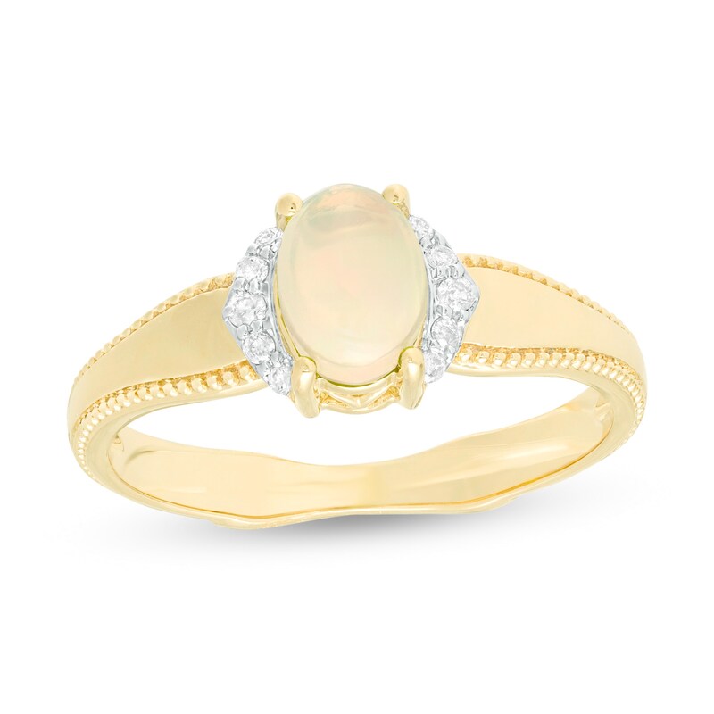 Main Image 1 of Oval Opal and 1/20 CT. T.W. Diamond Collar Frame Vintage-Style Ring in 10K Gold