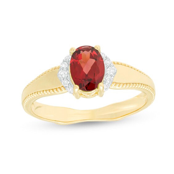 Oval Garnet and 1/20 CT. T.w. Diamond Collar Frame Vintage-Style Ring in 10K Gold
