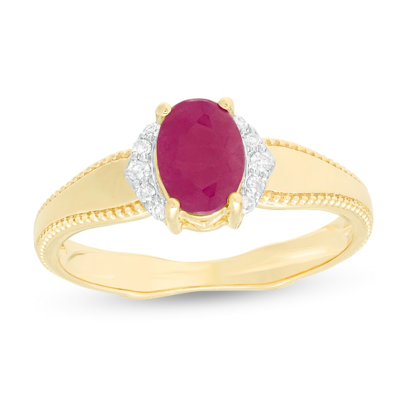 Main Image 1 of Oval Ruby and 1/20 CT. T.W. Diamond Collar Frame Vintage-Style Ring in 10K Gold