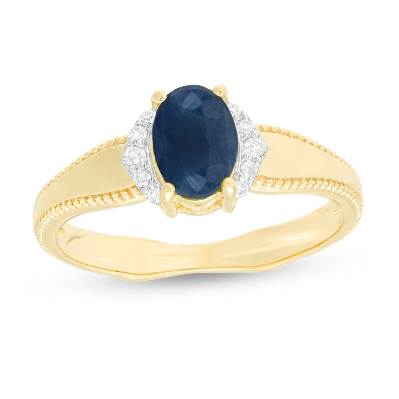 Main Image 1 of Oval Blue Sapphire and 1/20 CT. T.W. Diamond Collar Frame Vintage-Style Ring in 10K Gold