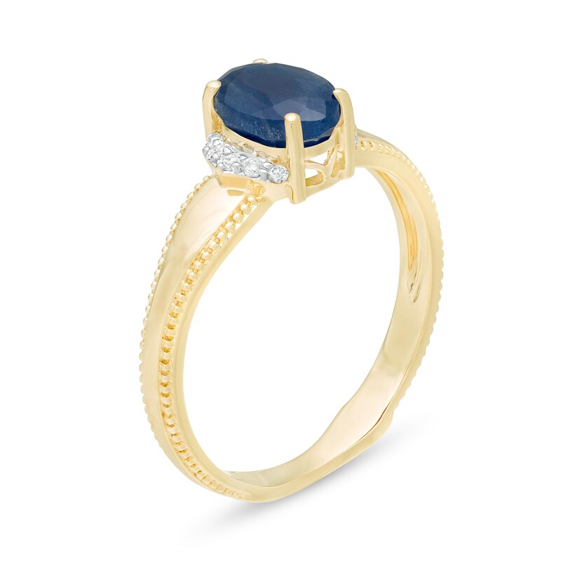 Main Image 3 of Oval Blue Sapphire and 1/20 CT. T.W. Diamond Collar Frame Vintage-Style Ring in 10K Gold