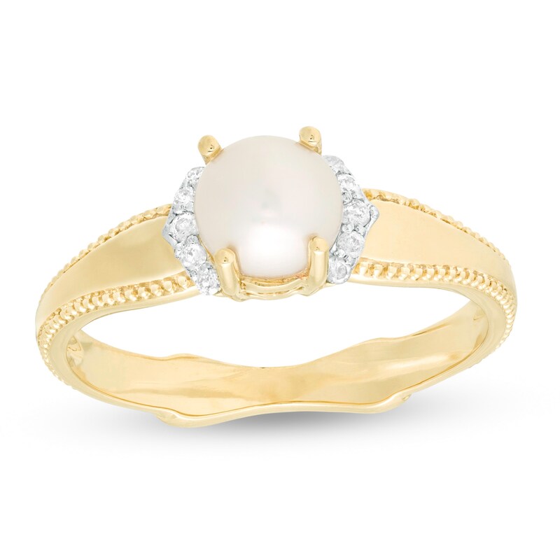 Main Image 1 of 6.0mm Freshwater Cultured Pearl and 1/20 CT. T.W. Diamond Collar Frame Vintage-Style Ring in 10K Gold