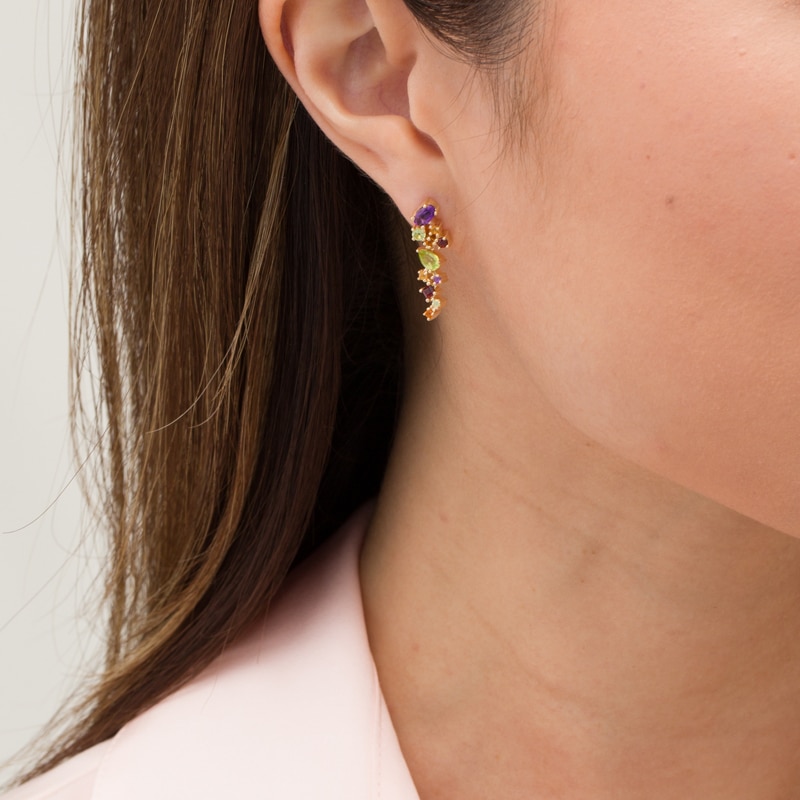 Main Image 2 of Multi-Shape Multi Gemstone Scatter Drop Earrings in Sterling Silver with 14K Gold Plate