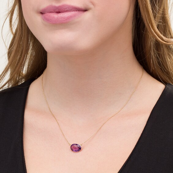 Sideways Faceted Oval Amethyst Necklace in 10K Gold