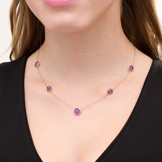 Tilted Cushion-Cut Amethyst Station Necklace in 10K Gold
