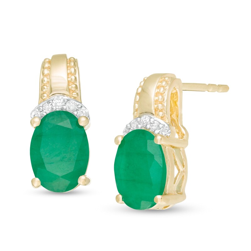 Main Image 1 of Oval Emerald and 1/20 CT. T.W. Diamond Beaded Drop Earrings in 10K Gold