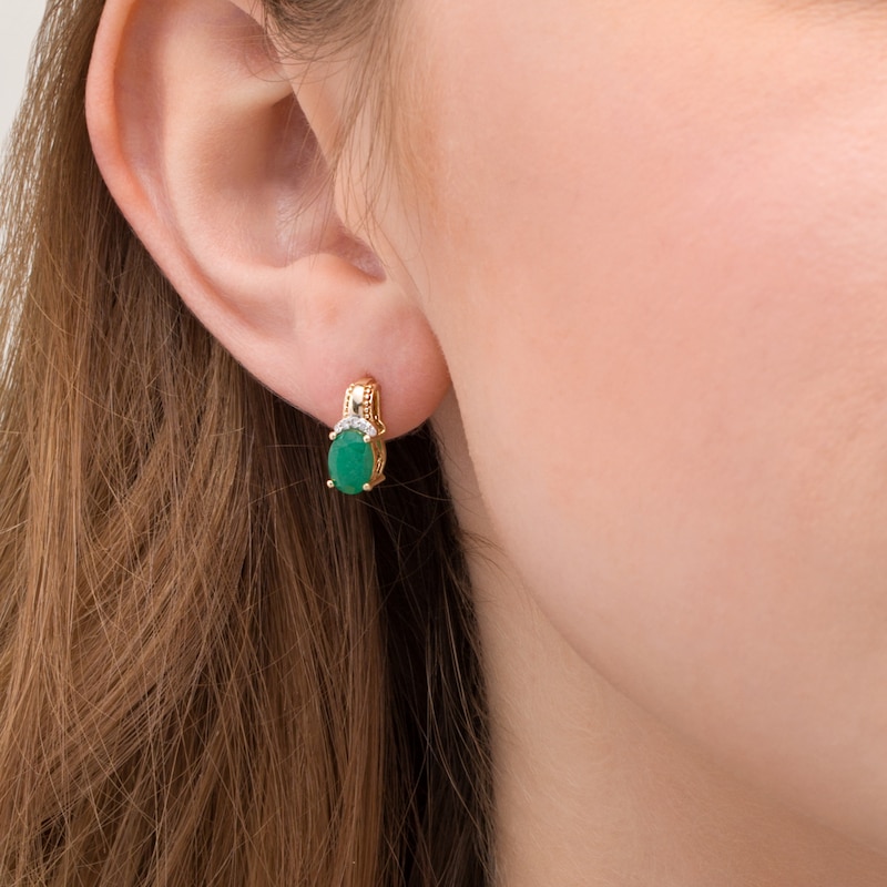 Main Image 2 of Oval Emerald and 1/20 CT. T.W. Diamond Beaded Drop Earrings in 10K Gold