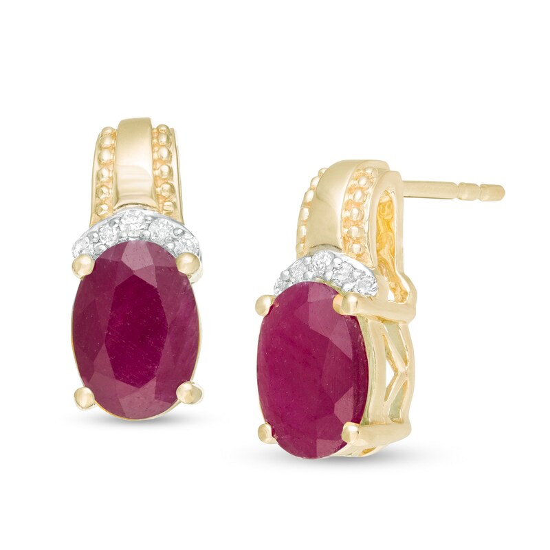Main Image 1 of Oval Ruby and 1/20 CT. T.W. Diamond Beaded Drop Earrings in 10K Gold