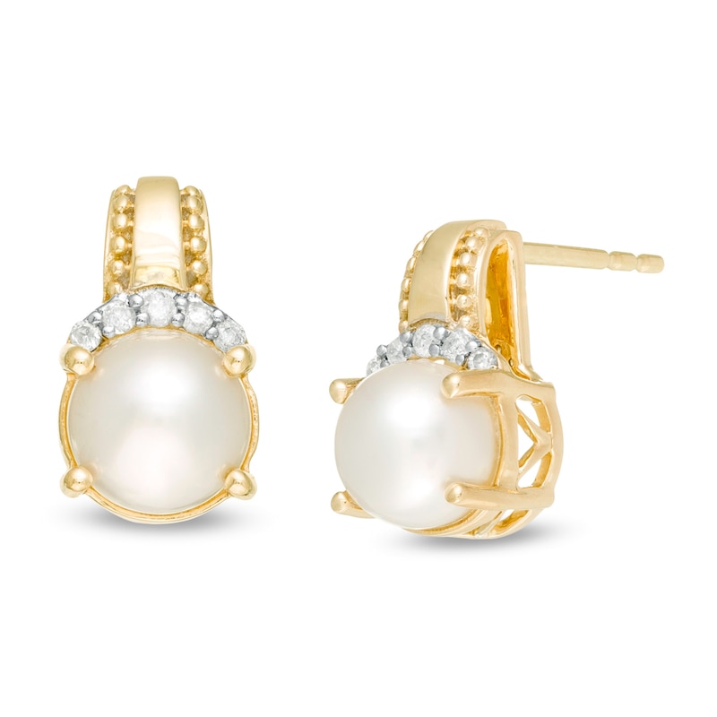 Main Image 1 of 6.0mm Freshwater Cultured Pearl and 1/20 CT. T.W. Diamond Beaded Drop Earrings in 10K Gold