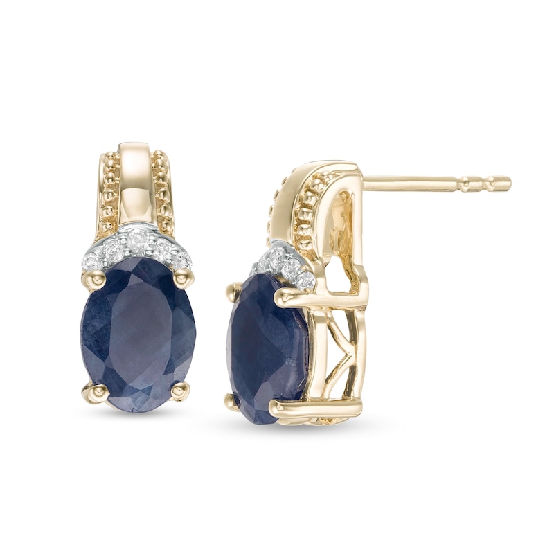 Main Image 1 of Oval Blue Sapphire and 1/20 CT. T.W. Diamond Beaded Drop Earrings in 10K Gold