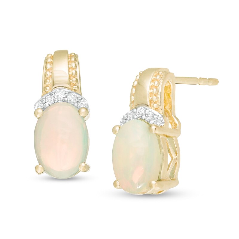 Main Image 1 of Oval Opal and 1/20 CT. T.W. Diamond Beaded Drop Earrings in 10K Gold