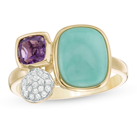 Turquoise, Amethyst and White Topaz Geometric Ring in 10K Gold