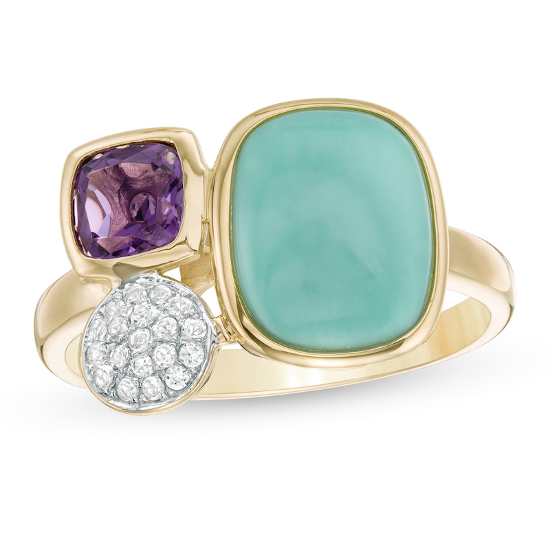 Main Image 1 of Turquoise, Amethyst and White Topaz Geometric Ring in 10K Gold